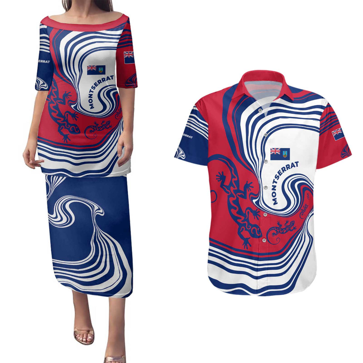 Montserrat Couples Matching Puletasi and Hawaiian Shirt with Gecko Illustration Red Blue Wavy Line Design - Wonder Print Shop