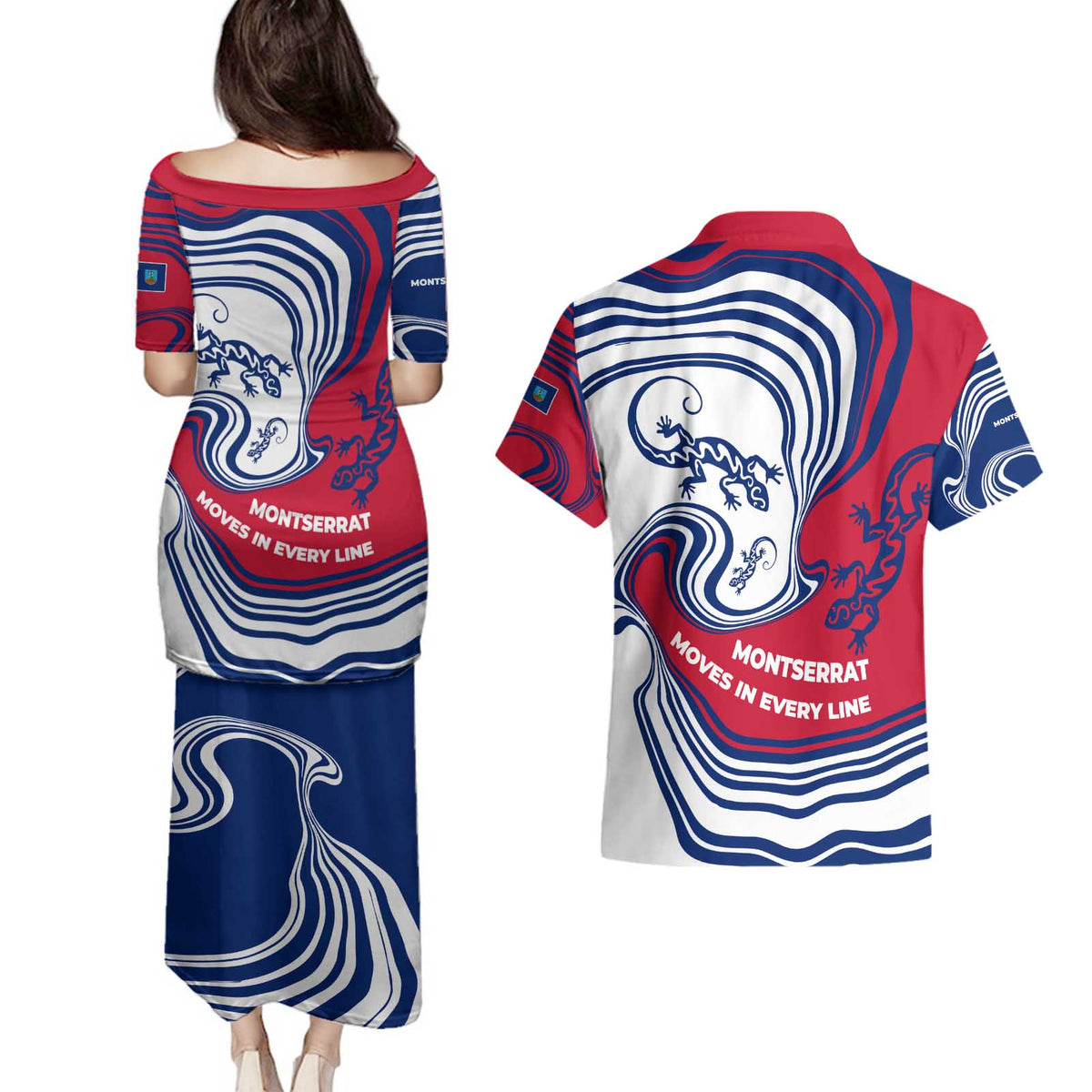 Montserrat Couples Matching Puletasi and Hawaiian Shirt with Gecko Illustration Red Blue Wavy Line Design - Wonder Print Shop