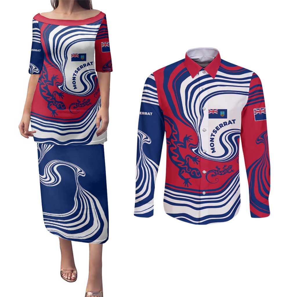 Montserrat Couples Matching Puletasi and Long Sleeve Button Shirt with Gecko Illustration Red Blue Wavy Line Design - Wonder Print Shop