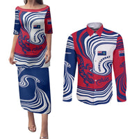 Montserrat Couples Matching Puletasi and Long Sleeve Button Shirt with Gecko Illustration Red Blue Wavy Line Design - Wonder Print Shop