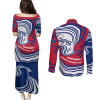 Montserrat Couples Matching Puletasi and Long Sleeve Button Shirt with Gecko Illustration Red Blue Wavy Line Design - Wonder Print Shop