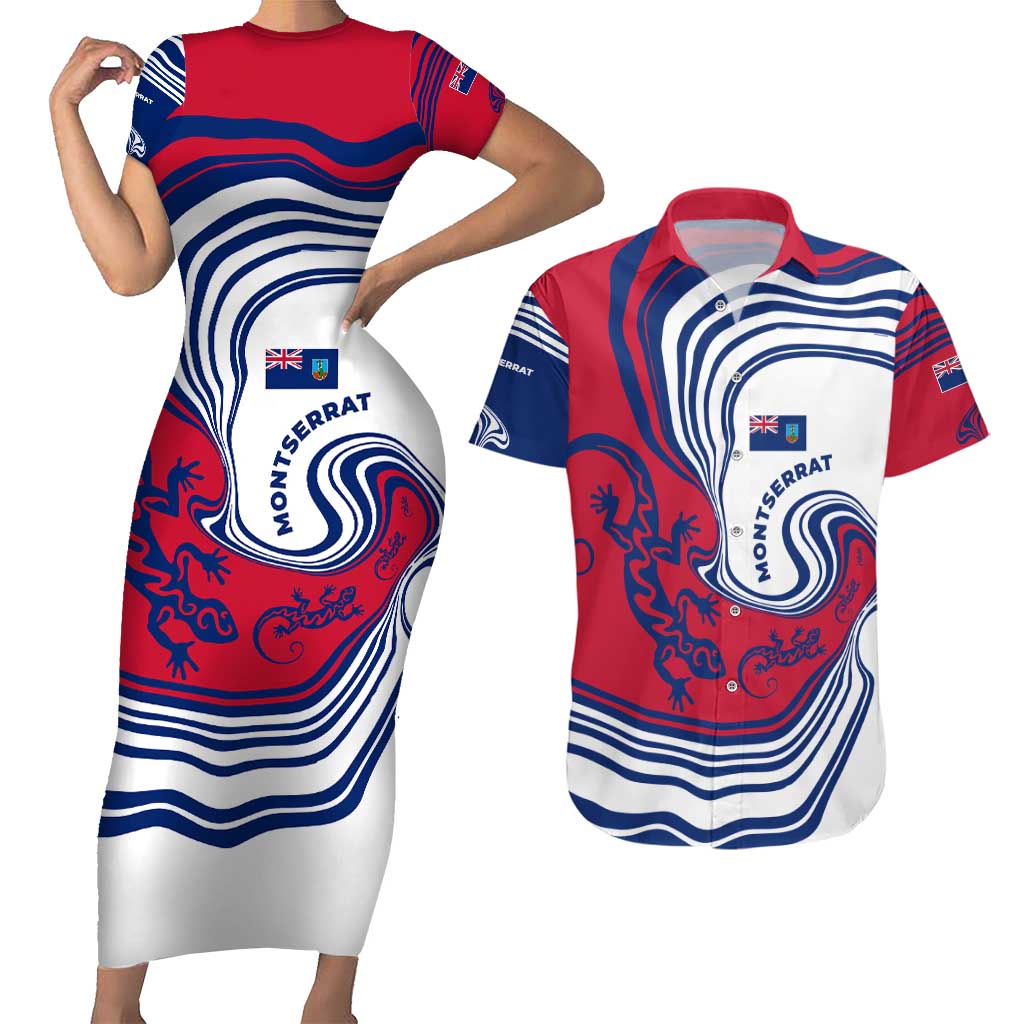 Montserrat Couples Matching Short Sleeve Bodycon Dress and Hawaiian Shirt with Gecko Illustration Red Blue Wavy Line Design - Wonder Print Shop