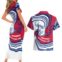 Montserrat Couples Matching Short Sleeve Bodycon Dress and Hawaiian Shirt with Gecko Illustration Red Blue Wavy Line Design - Wonder Print Shop