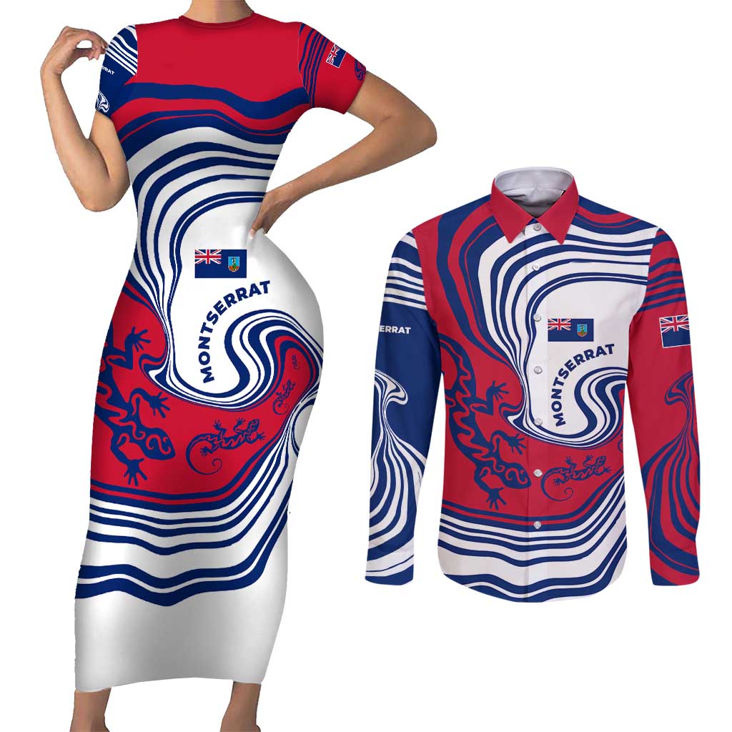 Montserrat Couples Matching Short Sleeve Bodycon Dress and Long Sleeve Button Shirt with Gecko Illustration Red Blue Wavy Line Design - Wonder Print Shop