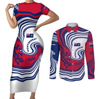 Montserrat Couples Matching Short Sleeve Bodycon Dress and Long Sleeve Button Shirt with Gecko Illustration Red Blue Wavy Line Design - Wonder Print Shop