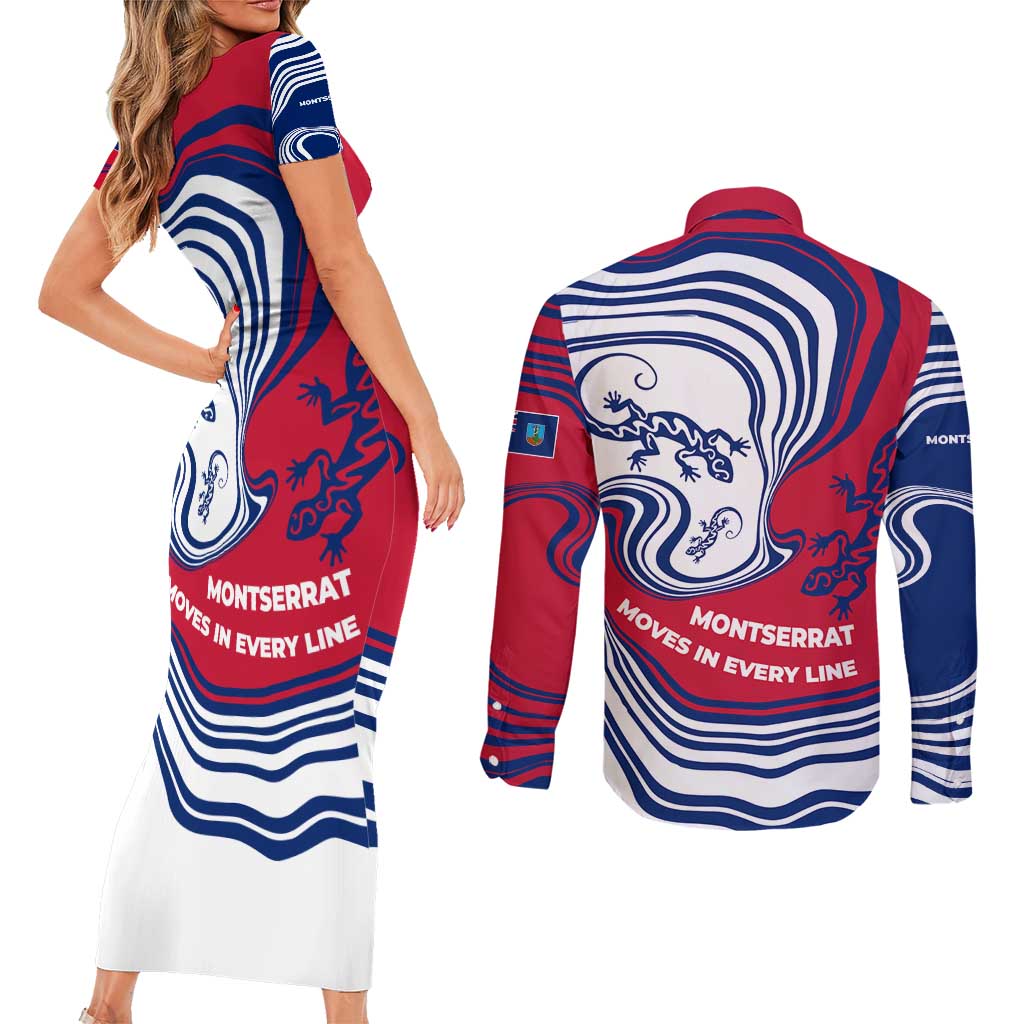 Montserrat Couples Matching Short Sleeve Bodycon Dress and Long Sleeve Button Shirt with Gecko Illustration Red Blue Wavy Line Design - Wonder Print Shop