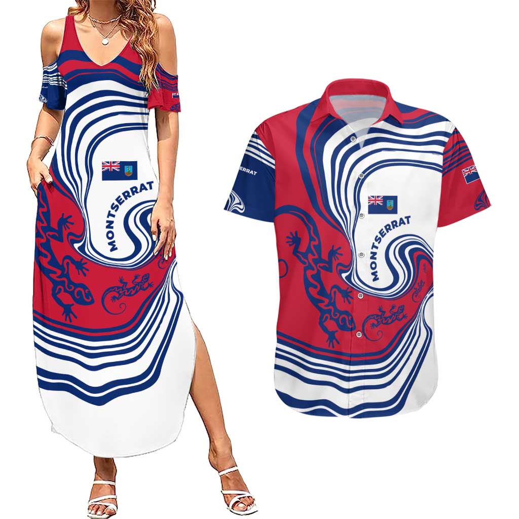 Montserrat Couples Matching Summer Maxi Dress and Hawaiian Shirt with Gecko Illustration Red Blue Wavy Line Design - Wonder Print Shop