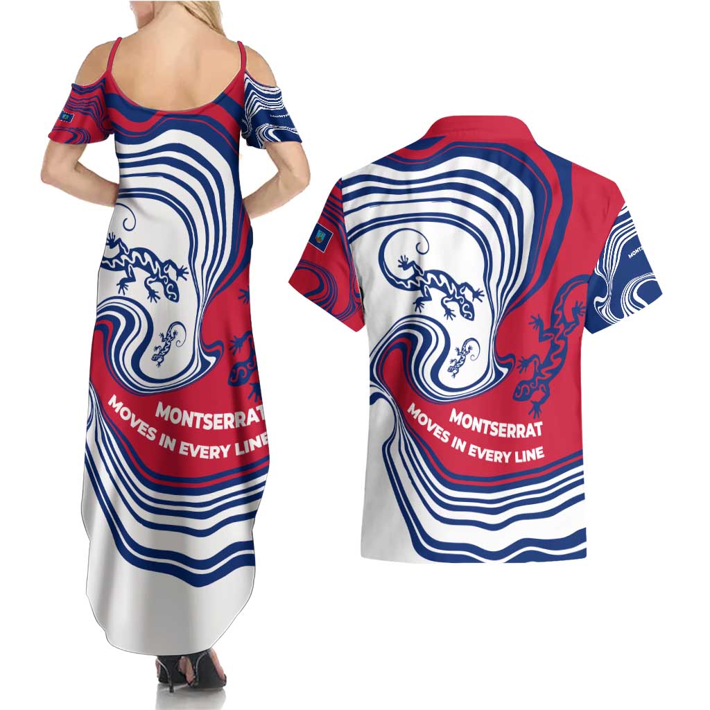 Montserrat Couples Matching Summer Maxi Dress and Hawaiian Shirt with Gecko Illustration Red Blue Wavy Line Design - Wonder Print Shop