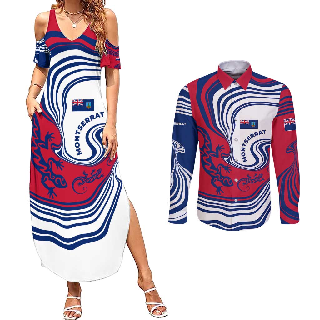 Montserrat Couples Matching Summer Maxi Dress and Long Sleeve Button Shirt with Gecko Illustration Red Blue Wavy Line Design - Wonder Print Shop