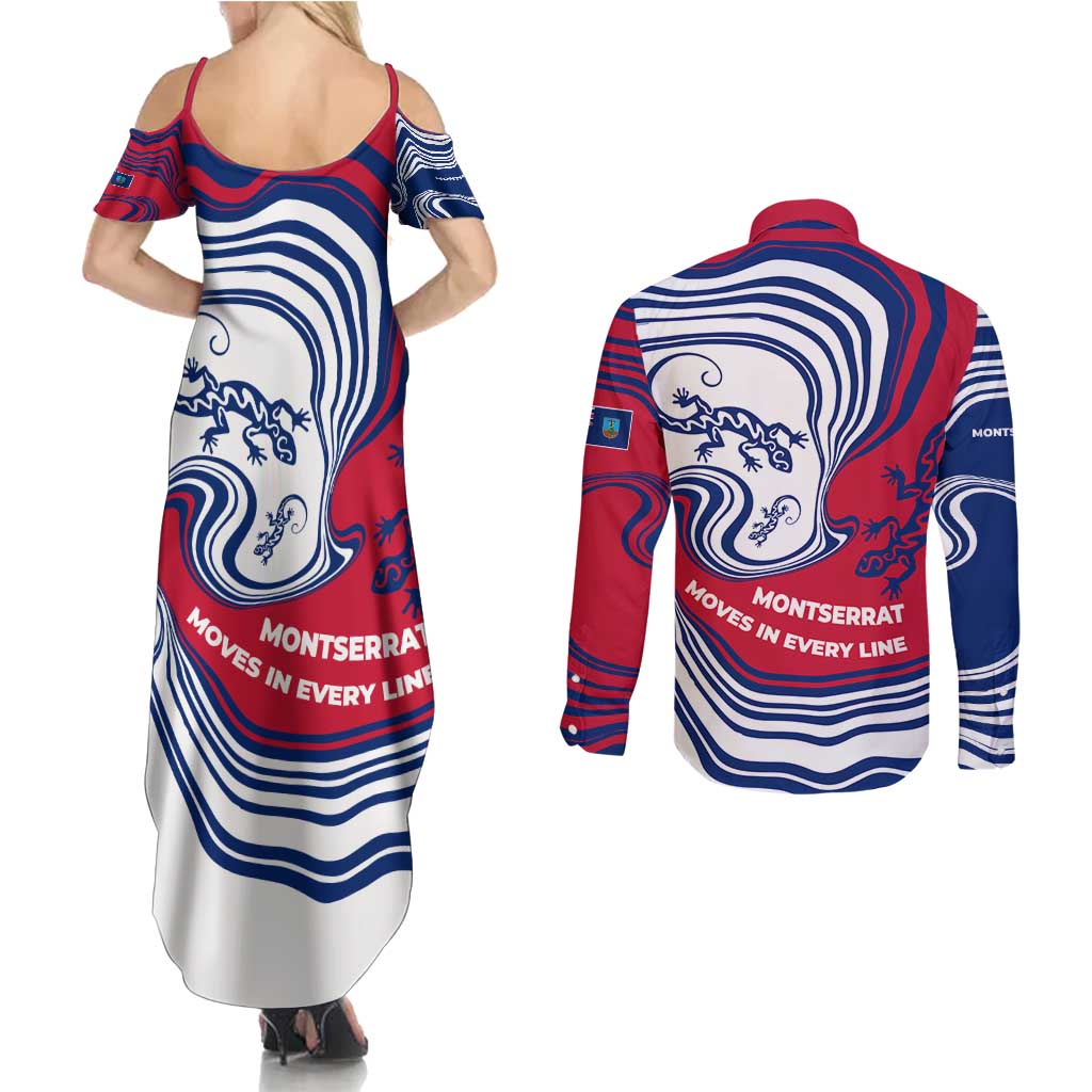 Montserrat Couples Matching Summer Maxi Dress and Long Sleeve Button Shirt with Gecko Illustration Red Blue Wavy Line Design - Wonder Print Shop