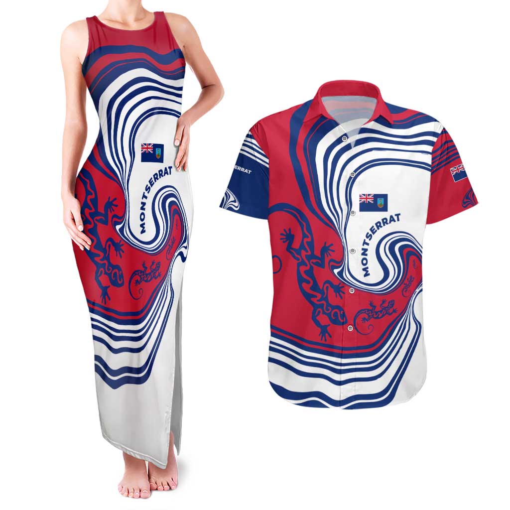 Montserrat Couples Matching Tank Maxi Dress and Hawaiian Shirt with Gecko Illustration Red Blue Wavy Line Design - Wonder Print Shop