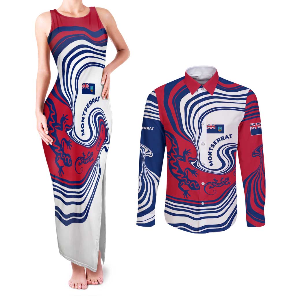 Montserrat Couples Matching Tank Maxi Dress and Long Sleeve Button Shirt with Gecko Illustration Red Blue Wavy Line Design - Wonder Print Shop