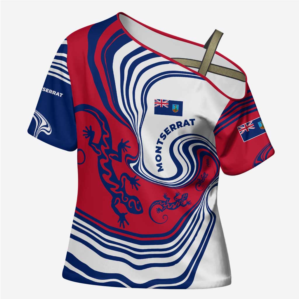 Montserrat Cross Shoulder Shirt with Gecko Illustration Red Blue Wavy Line Design - Wonder Print Shop