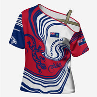 Montserrat Cross Shoulder Shirt with Gecko Illustration Red Blue Wavy Line Design - Wonder Print Shop
