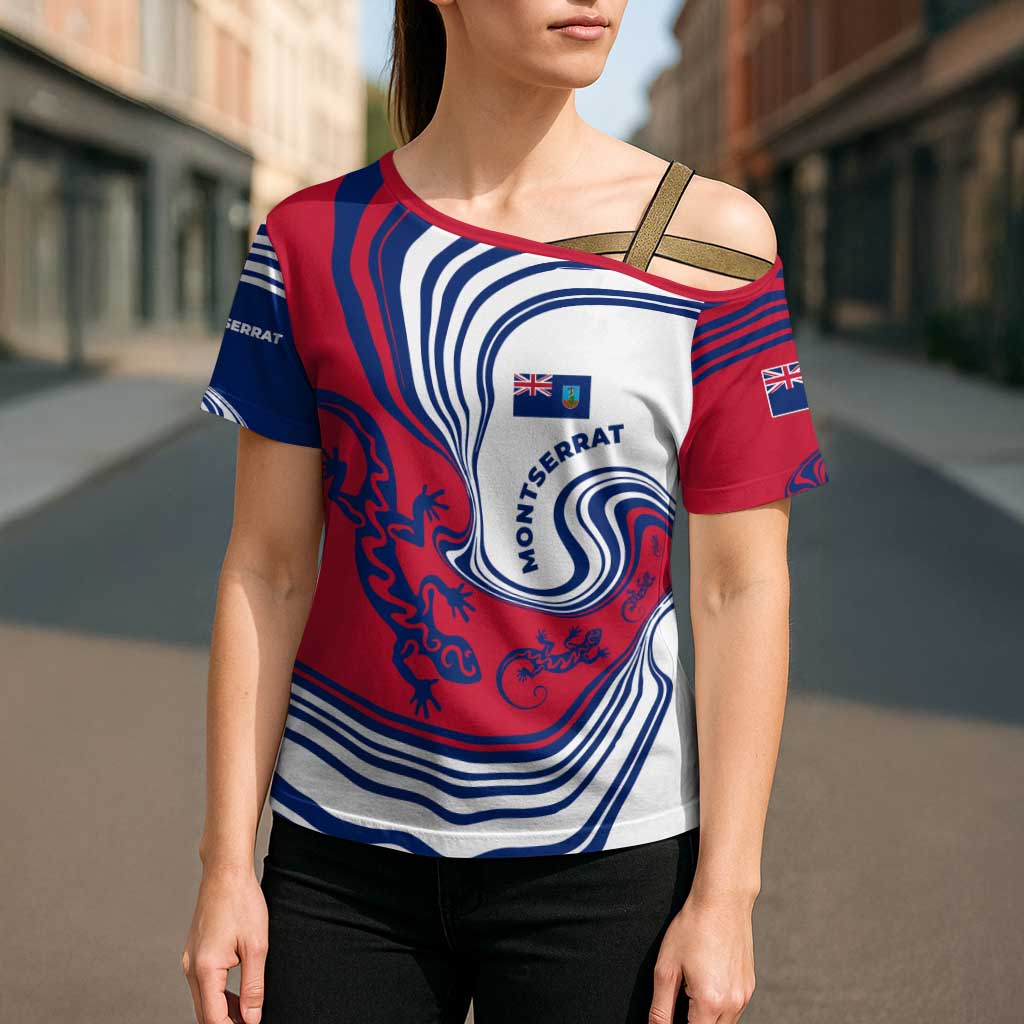 Montserrat Cross Shoulder Shirt with Gecko Illustration Red Blue Wavy Line Design - Wonder Print Shop