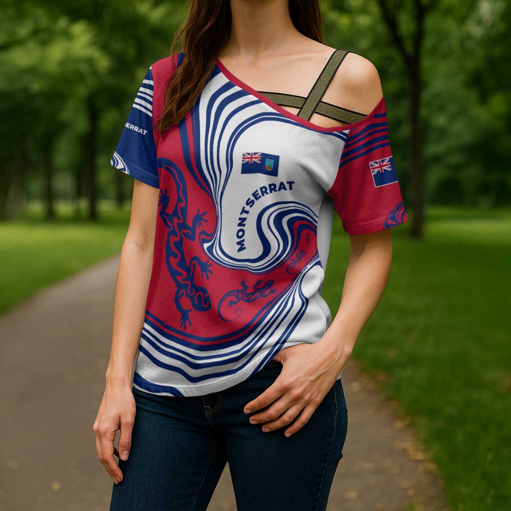 Montserrat Cross Shoulder Shirt with Gecko Illustration Red Blue Wavy Line Design - Wonder Print Shop