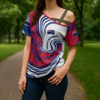 Montserrat Cross Shoulder Shirt with Gecko Illustration Red Blue Wavy Line Design - Wonder Print Shop