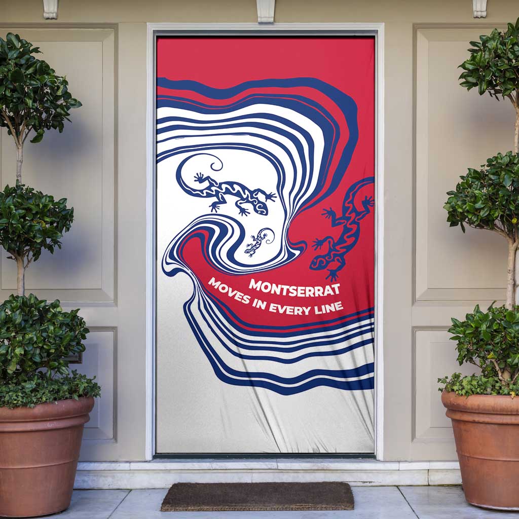 Montserrat Door Cover with Gecko Illustration Red Blue Wavy Line Design - Wonder Print Shop