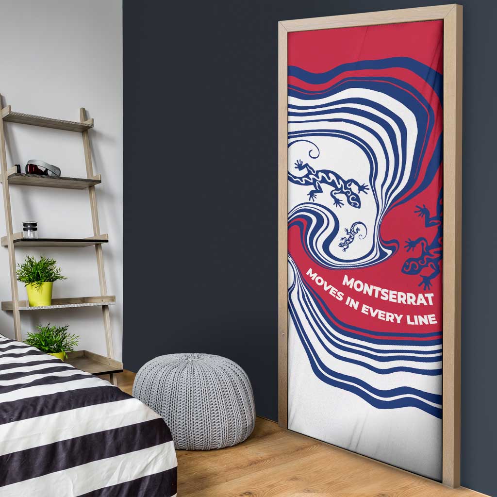 Montserrat Door Cover with Gecko Illustration Red Blue Wavy Line Design - Wonder Print Shop