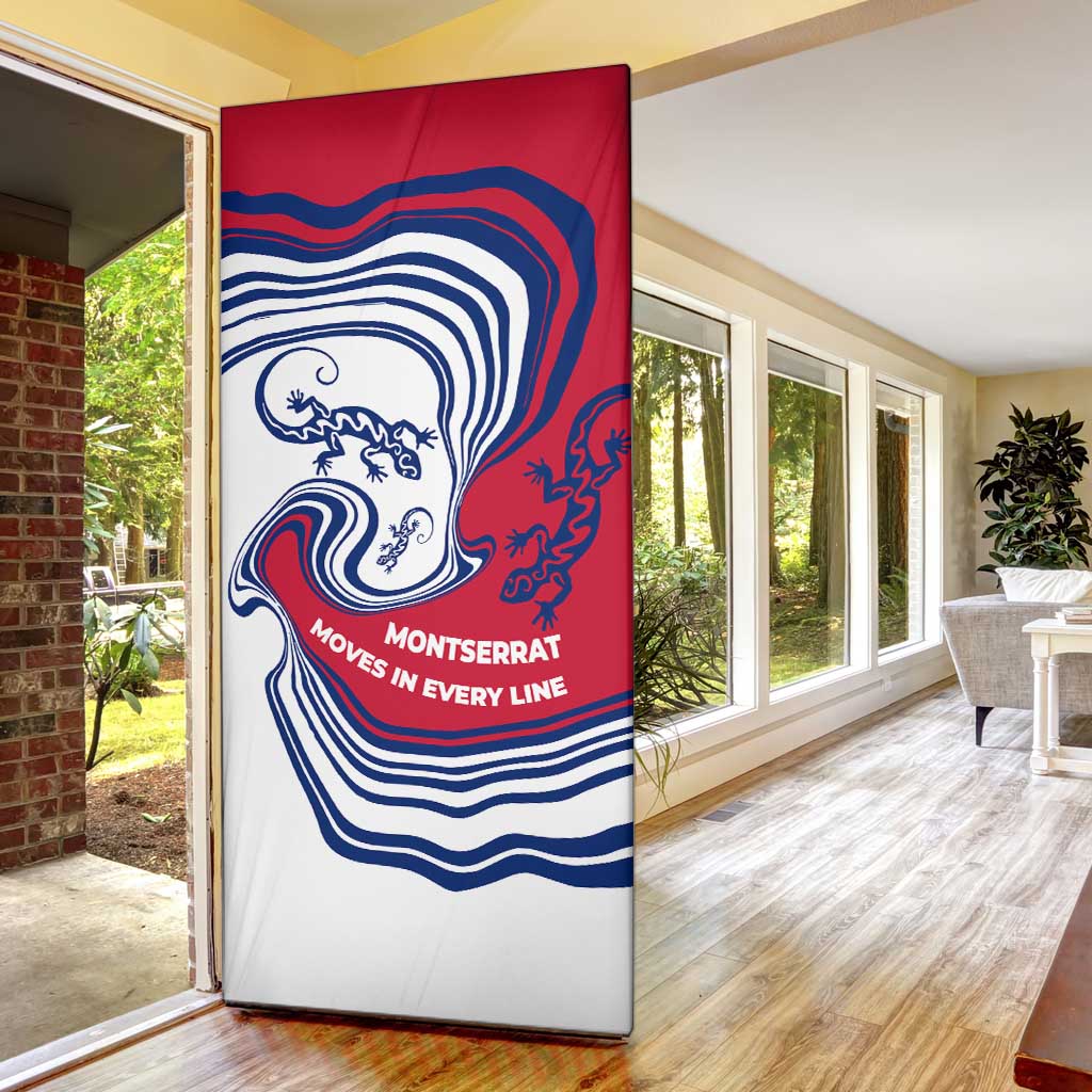 Montserrat Door Cover with Gecko Illustration Red Blue Wavy Line Design - Wonder Print Shop