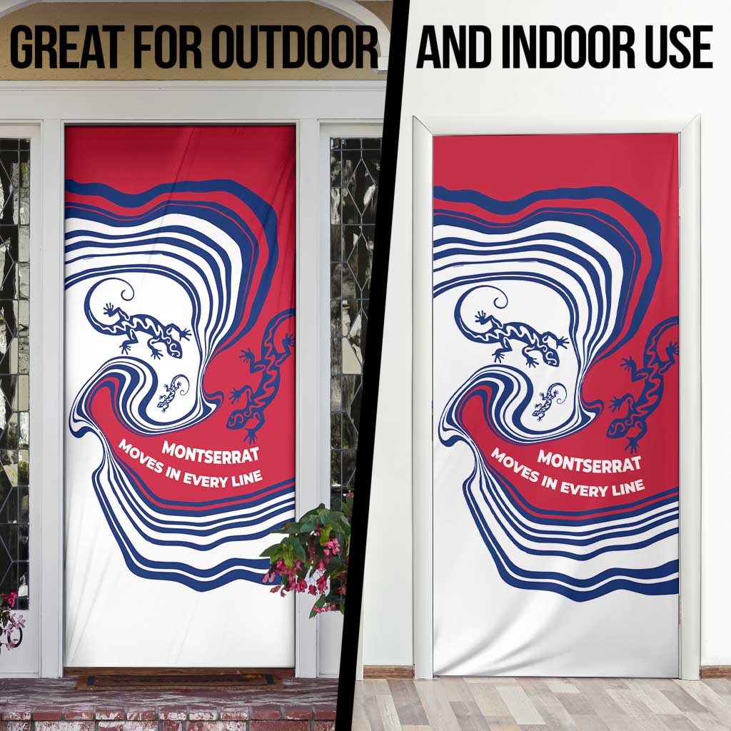 Montserrat Door Cover with Gecko Illustration Red Blue Wavy Line Design - Wonder Print Shop