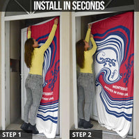 Montserrat Door Cover with Gecko Illustration Red Blue Wavy Line Design - Wonder Print Shop