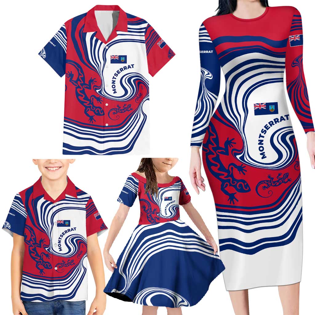 Montserrat Family Matching Long Sleeve Bodycon Dress and Hawaiian Shirt with Gecko Illustration Red Blue Wavy Line Design - Wonder Print Shop