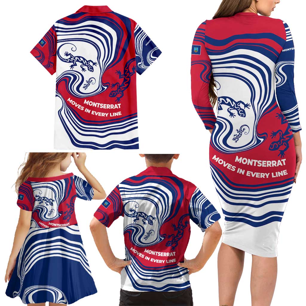 Montserrat Family Matching Long Sleeve Bodycon Dress and Hawaiian Shirt with Gecko Illustration Red Blue Wavy Line Design - Wonder Print Shop