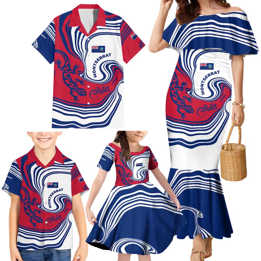 Montserrat Family Matching Mermaid Dress and Hawaiian Shirt with Gecko Illustration Red Blue Wavy Line Design - Wonder Print Shop