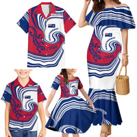 Montserrat Family Matching Mermaid Dress and Hawaiian Shirt with Gecko Illustration Red Blue Wavy Line Design - Wonder Print Shop