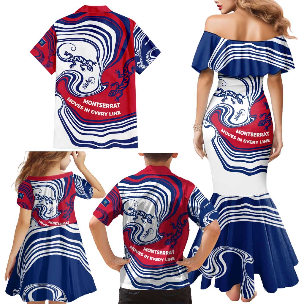 Montserrat Family Matching Mermaid Dress and Hawaiian Shirt with Gecko Illustration Red Blue Wavy Line Design - Wonder Print Shop