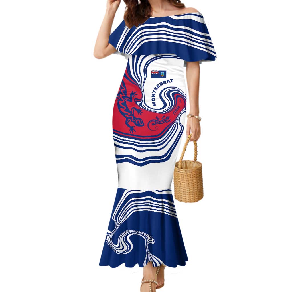 Montserrat Family Matching Mermaid Dress and Hawaiian Shirt with Gecko Illustration Red Blue Wavy Line Design - Wonder Print Shop