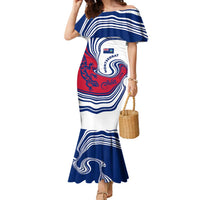 Montserrat Family Matching Mermaid Dress and Hawaiian Shirt with Gecko Illustration Red Blue Wavy Line Design - Wonder Print Shop