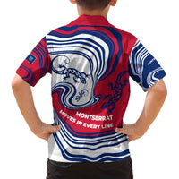 Montserrat Family Matching Off The Shoulder Long Sleeve Dress and Hawaiian Shirt with Gecko Illustration Red Blue Wavy Line Design - Wonder Print Shop