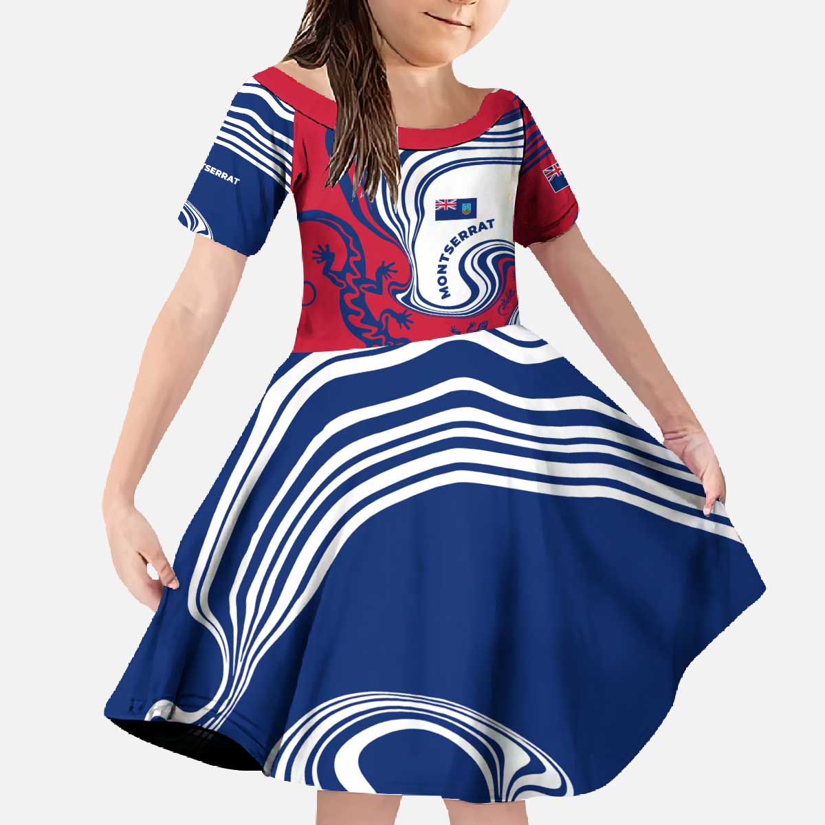 Montserrat Family Matching Off The Shoulder Long Sleeve Dress and Hawaiian Shirt with Gecko Illustration Red Blue Wavy Line Design - Wonder Print Shop