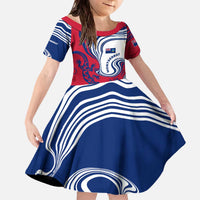 Montserrat Family Matching Off The Shoulder Long Sleeve Dress and Hawaiian Shirt with Gecko Illustration Red Blue Wavy Line Design - Wonder Print Shop