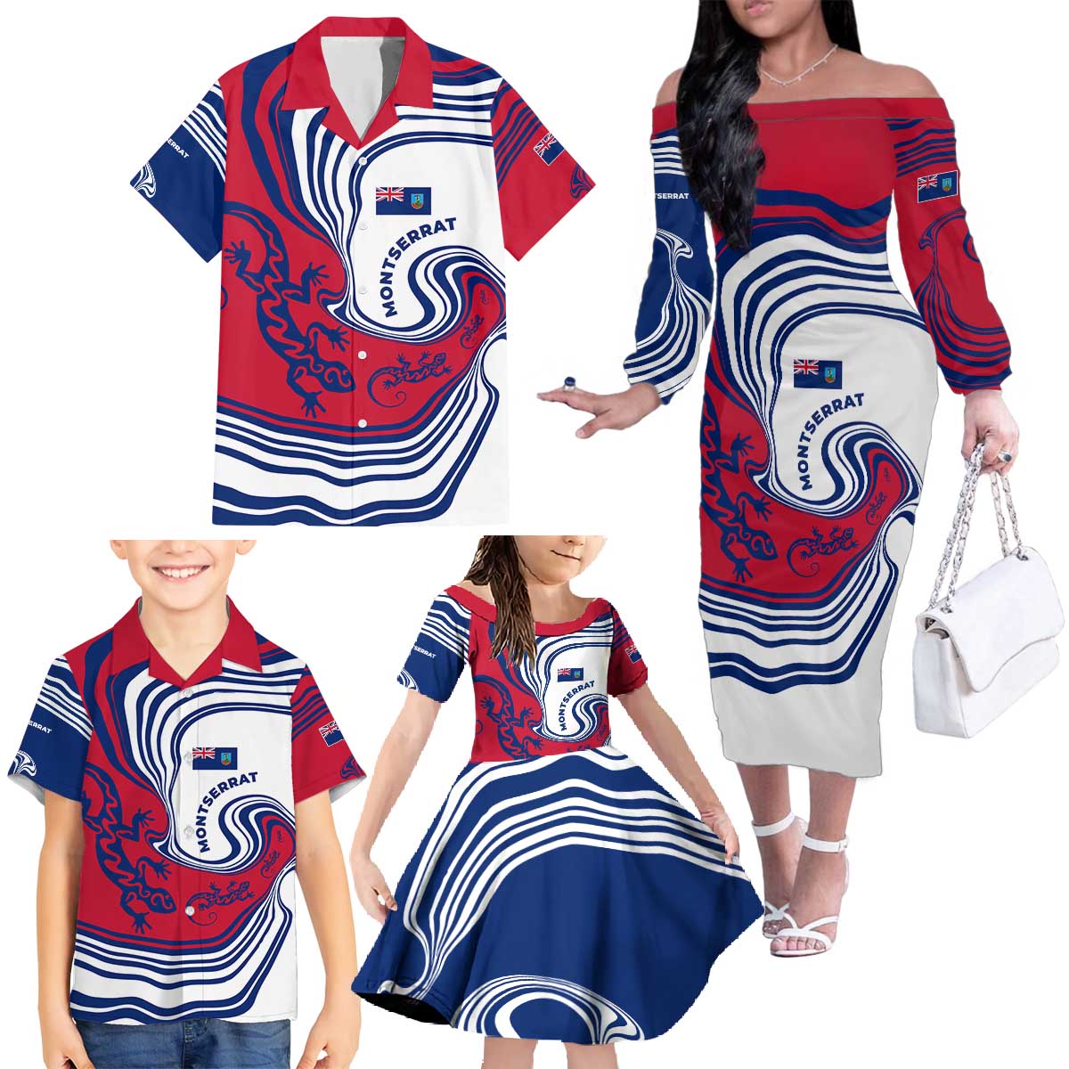 Montserrat Family Matching Off The Shoulder Long Sleeve Dress and Hawaiian Shirt with Gecko Illustration Red Blue Wavy Line Design - Wonder Print Shop
