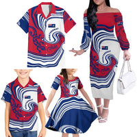 Montserrat Family Matching Off The Shoulder Long Sleeve Dress and Hawaiian Shirt with Gecko Illustration Red Blue Wavy Line Design - Wonder Print Shop