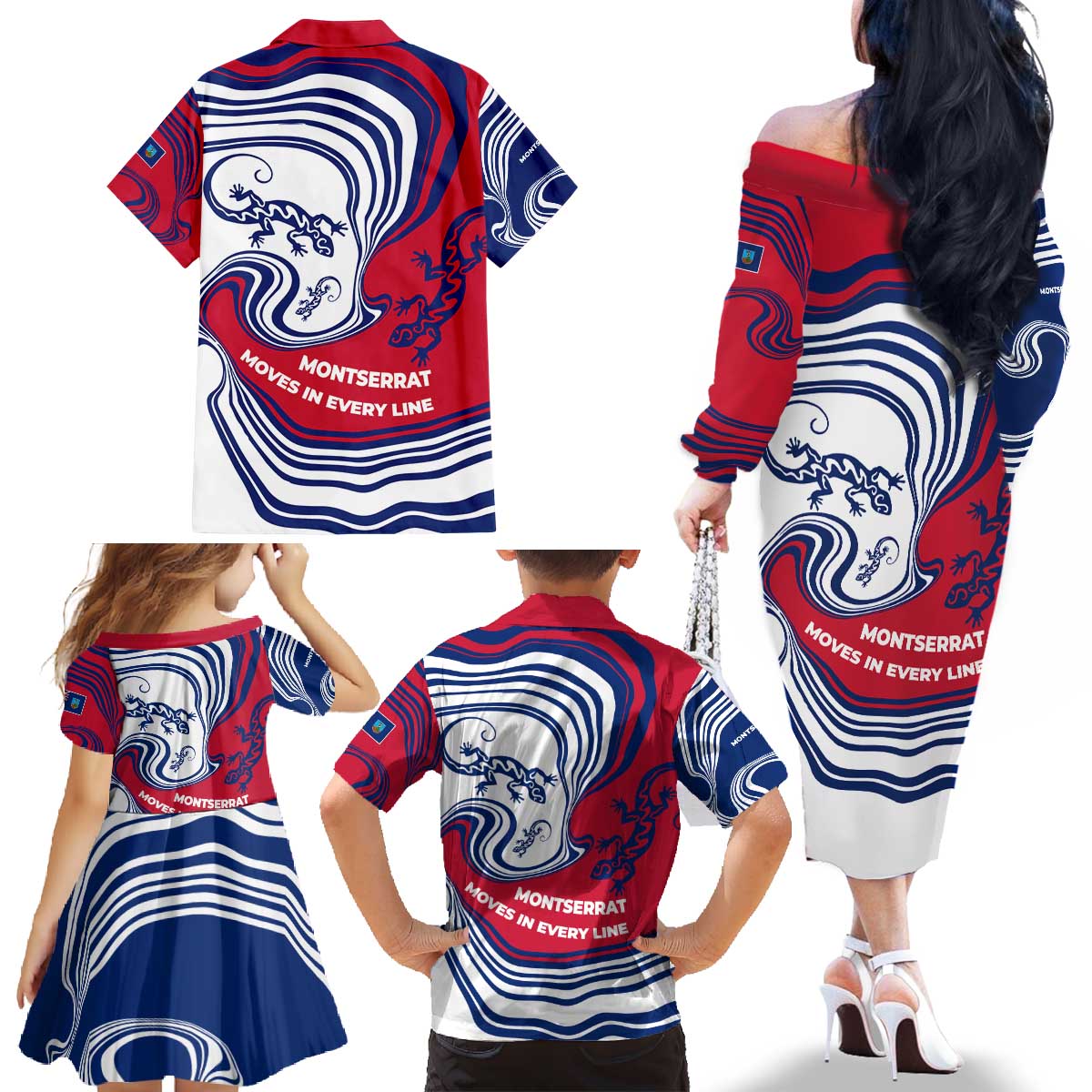 Montserrat Family Matching Off The Shoulder Long Sleeve Dress and Hawaiian Shirt with Gecko Illustration Red Blue Wavy Line Design - Wonder Print Shop