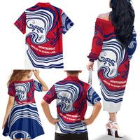 Montserrat Family Matching Off The Shoulder Long Sleeve Dress and Hawaiian Shirt with Gecko Illustration Red Blue Wavy Line Design - Wonder Print Shop