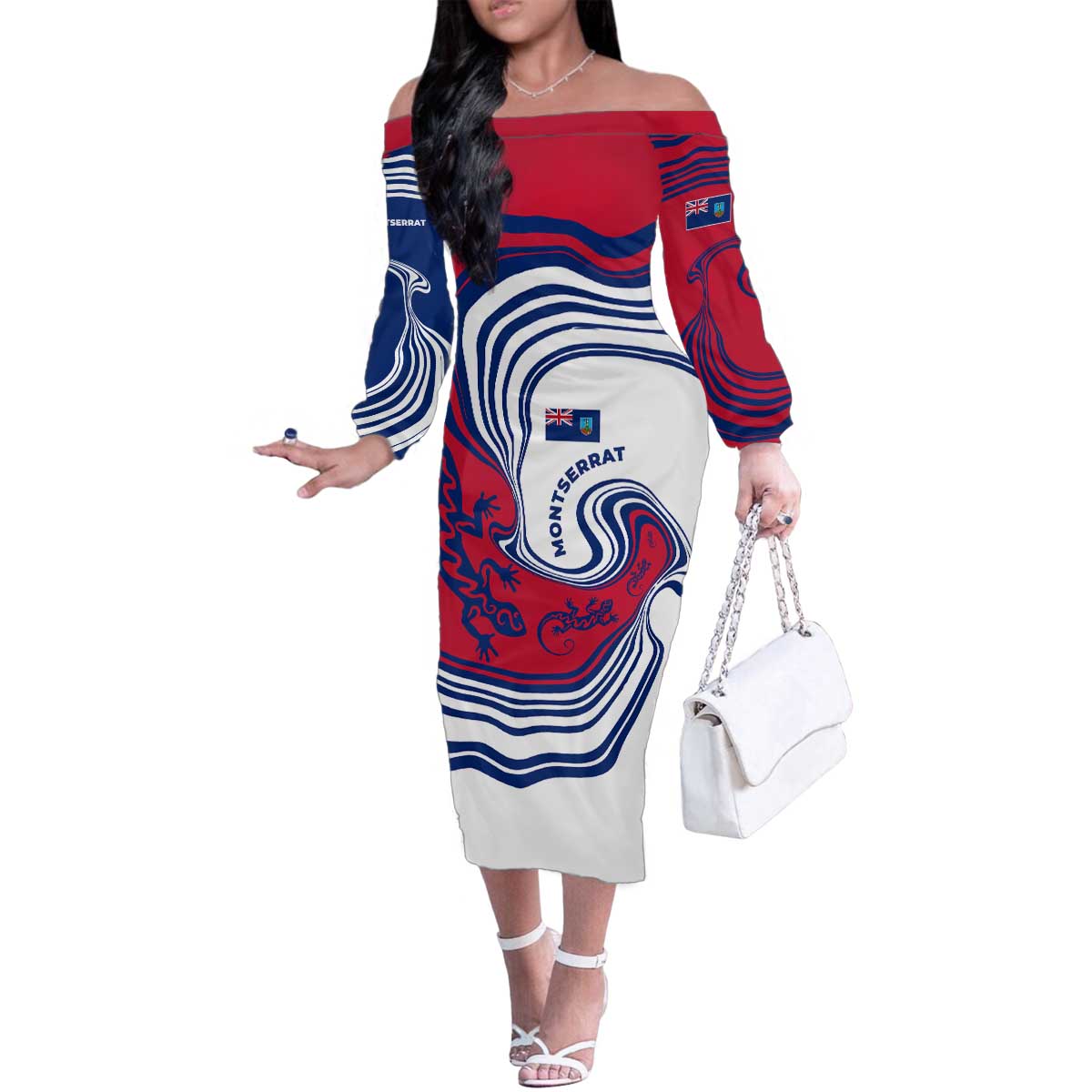 Montserrat Family Matching Off The Shoulder Long Sleeve Dress and Hawaiian Shirt with Gecko Illustration Red Blue Wavy Line Design - Wonder Print Shop