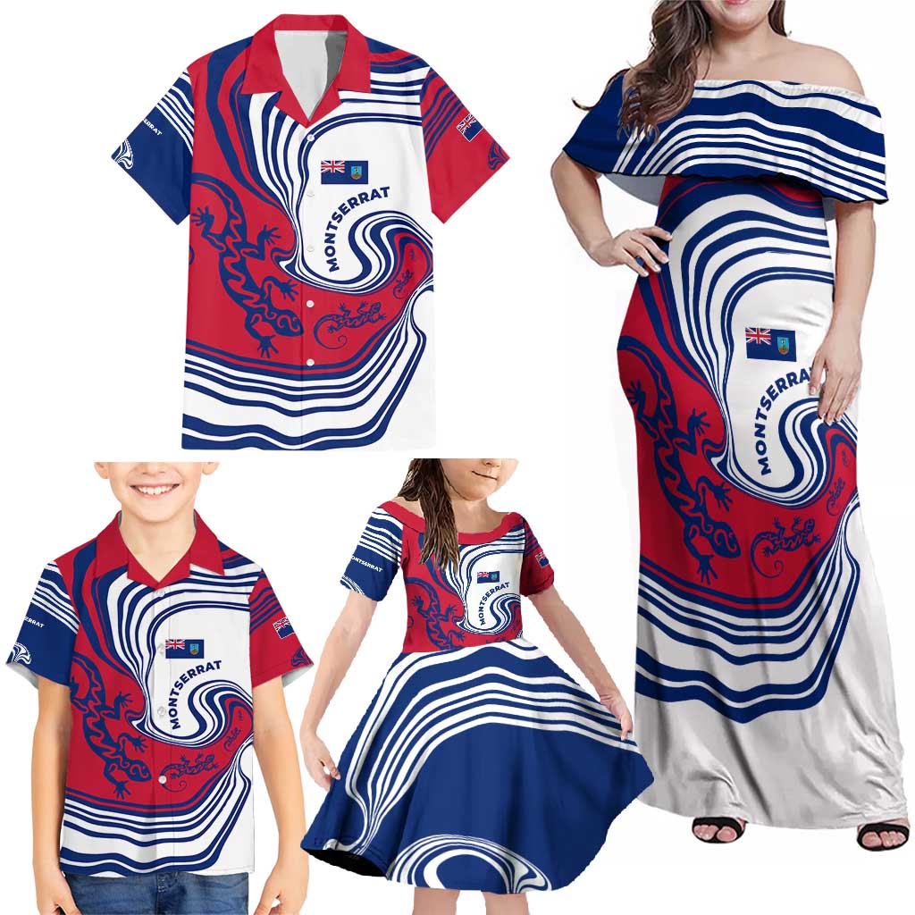 Montserrat Family Matching Off Shoulder Maxi Dress and Hawaiian Shirt with Gecko Illustration Red Blue Wavy Line Design - Wonder Print Shop