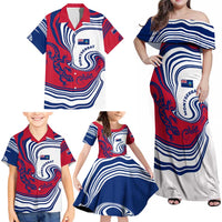 Montserrat Family Matching Off Shoulder Maxi Dress and Hawaiian Shirt with Gecko Illustration Red Blue Wavy Line Design - Wonder Print Shop