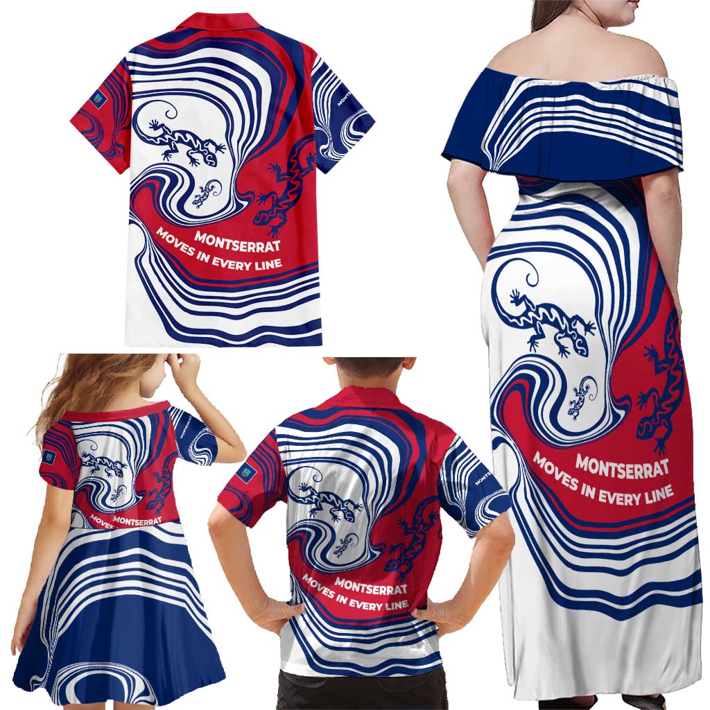 Montserrat Family Matching Off Shoulder Maxi Dress and Hawaiian Shirt with Gecko Illustration Red Blue Wavy Line Design - Wonder Print Shop