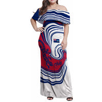 Montserrat Family Matching Off Shoulder Maxi Dress and Hawaiian Shirt with Gecko Illustration Red Blue Wavy Line Design - Wonder Print Shop