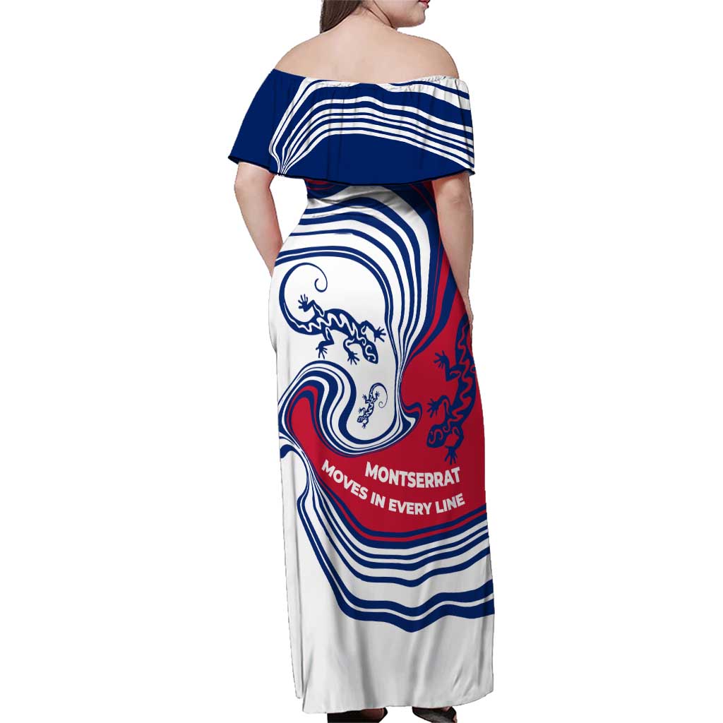 Montserrat Family Matching Off Shoulder Maxi Dress and Hawaiian Shirt with Gecko Illustration Red Blue Wavy Line Design - Wonder Print Shop
