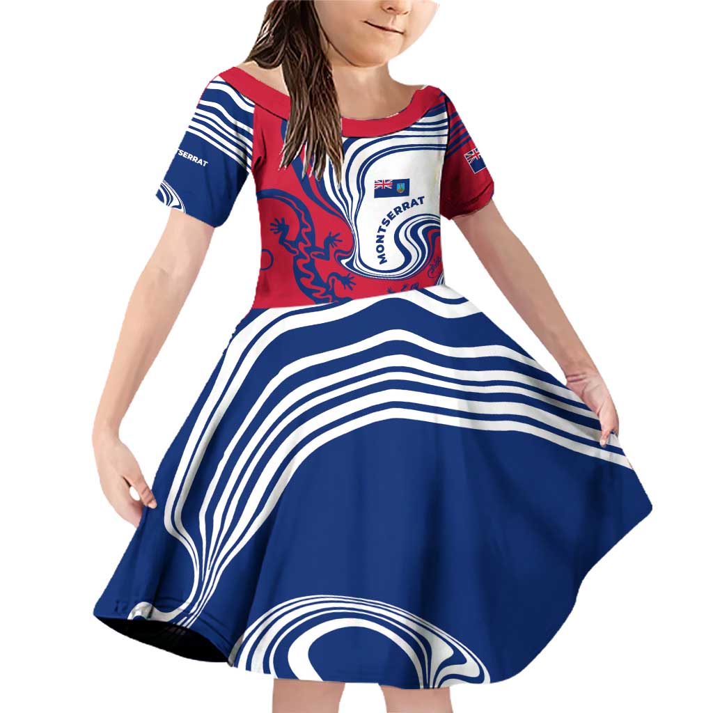 Montserrat Family Matching Off Shoulder Short Dress and Hawaiian Shirt with Gecko Illustration Red Blue Wavy Line Design - Wonder Print Shop