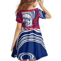 Montserrat Family Matching Off Shoulder Short Dress and Hawaiian Shirt with Gecko Illustration Red Blue Wavy Line Design - Wonder Print Shop