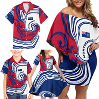 Montserrat Family Matching Off Shoulder Short Dress and Hawaiian Shirt with Gecko Illustration Red Blue Wavy Line Design - Wonder Print Shop