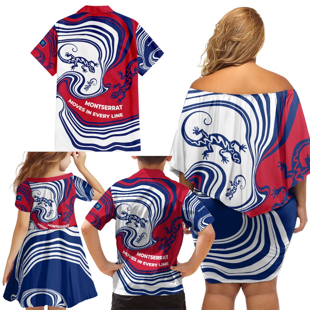 Montserrat Family Matching Off Shoulder Short Dress and Hawaiian Shirt with Gecko Illustration Red Blue Wavy Line Design - Wonder Print Shop
